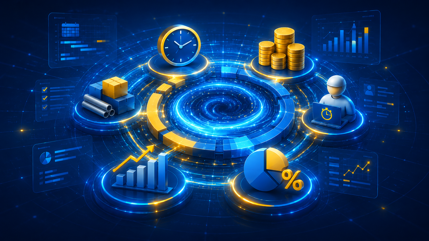 Illustrazione digitale di un vortice blu e giallo che integra tempi, costi, materiali, ore lavorate, avanzamento e margini di una commessa.